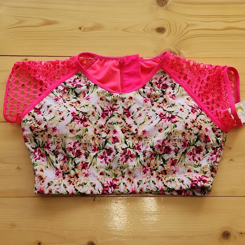 TINIBIKINI Swimwear 2 Pc Swimsuit Crop Top And Bottom Neon Floral M - Picture 2 of 12